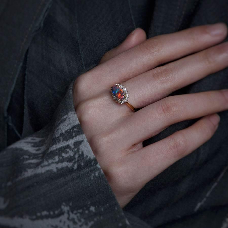 Certificated Black Opal Halo Diamond Engagement Ring 18K Gold For Sale 1