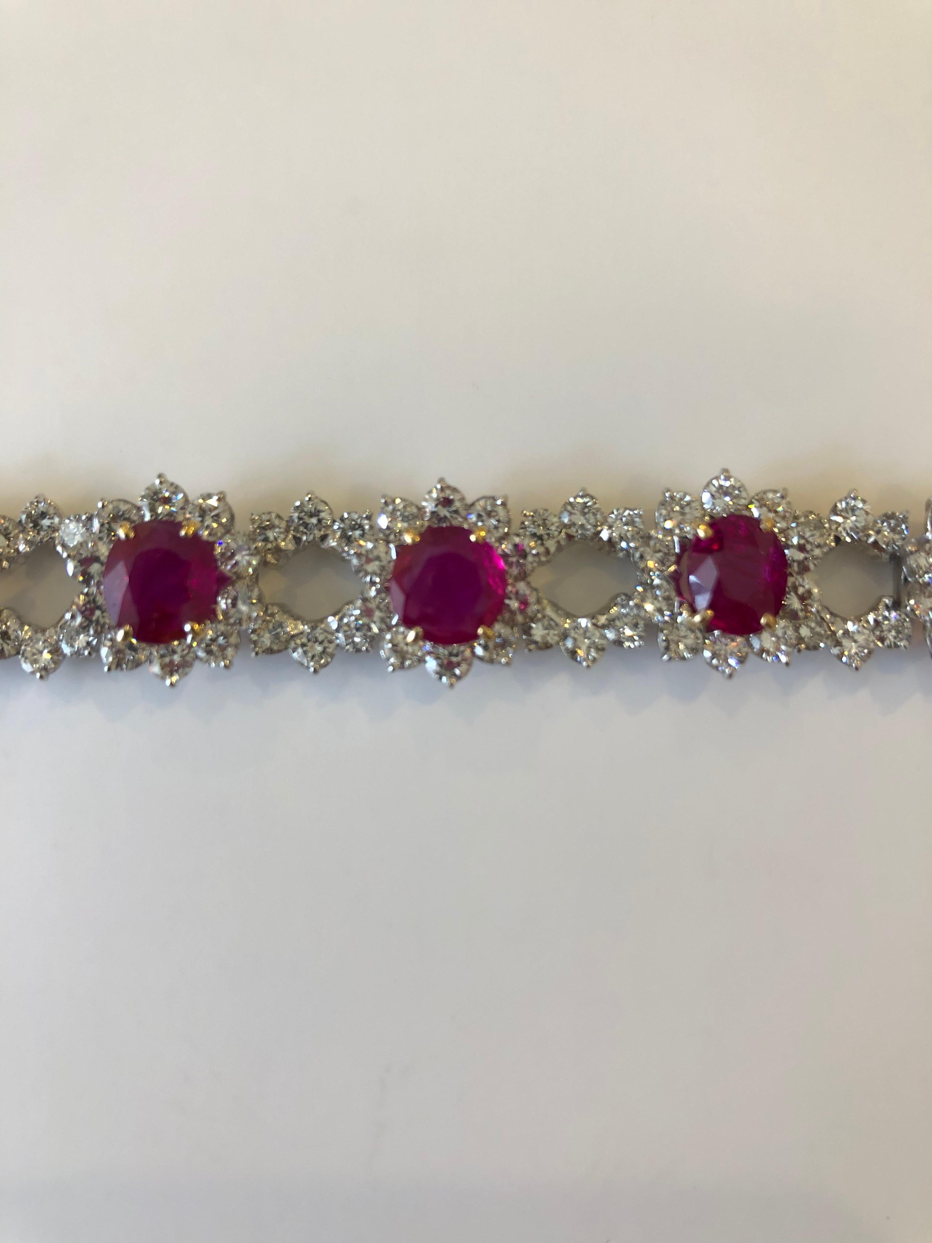 Certificated Burmese Ruby and Diamond Bracelet Set in Platinum 17 carats Rubies
This incredibly rare and untreated in any way Burmese ruby and diamond bracelet comprises of 10 Burma rubies weighing approximately 17 carats. The rubies are surrounded