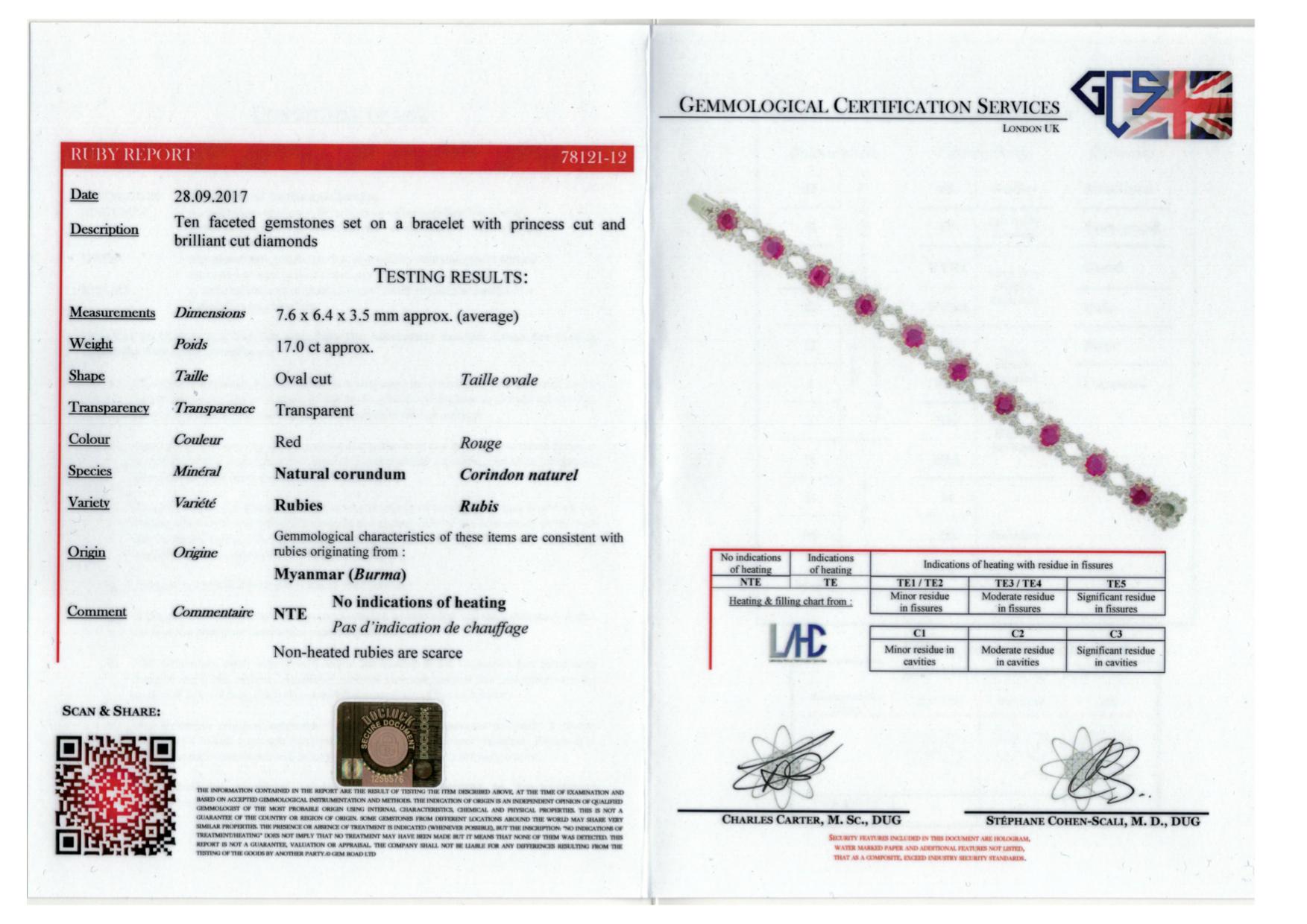 Certificated Burmese Ruby and Diamond Bracelet Set in Platinum 17 Carat Rubies In Good Condition For Sale In Mayfair, GB