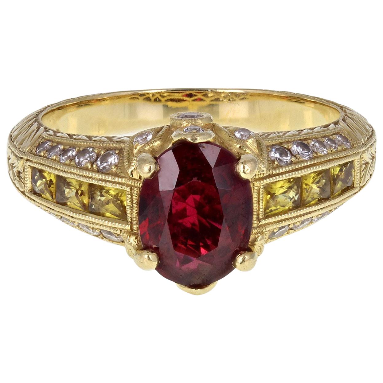 Certificated Red Spinel Yellow Sapphire Diamond Fancy 18 Carat Gold Ring For Sale