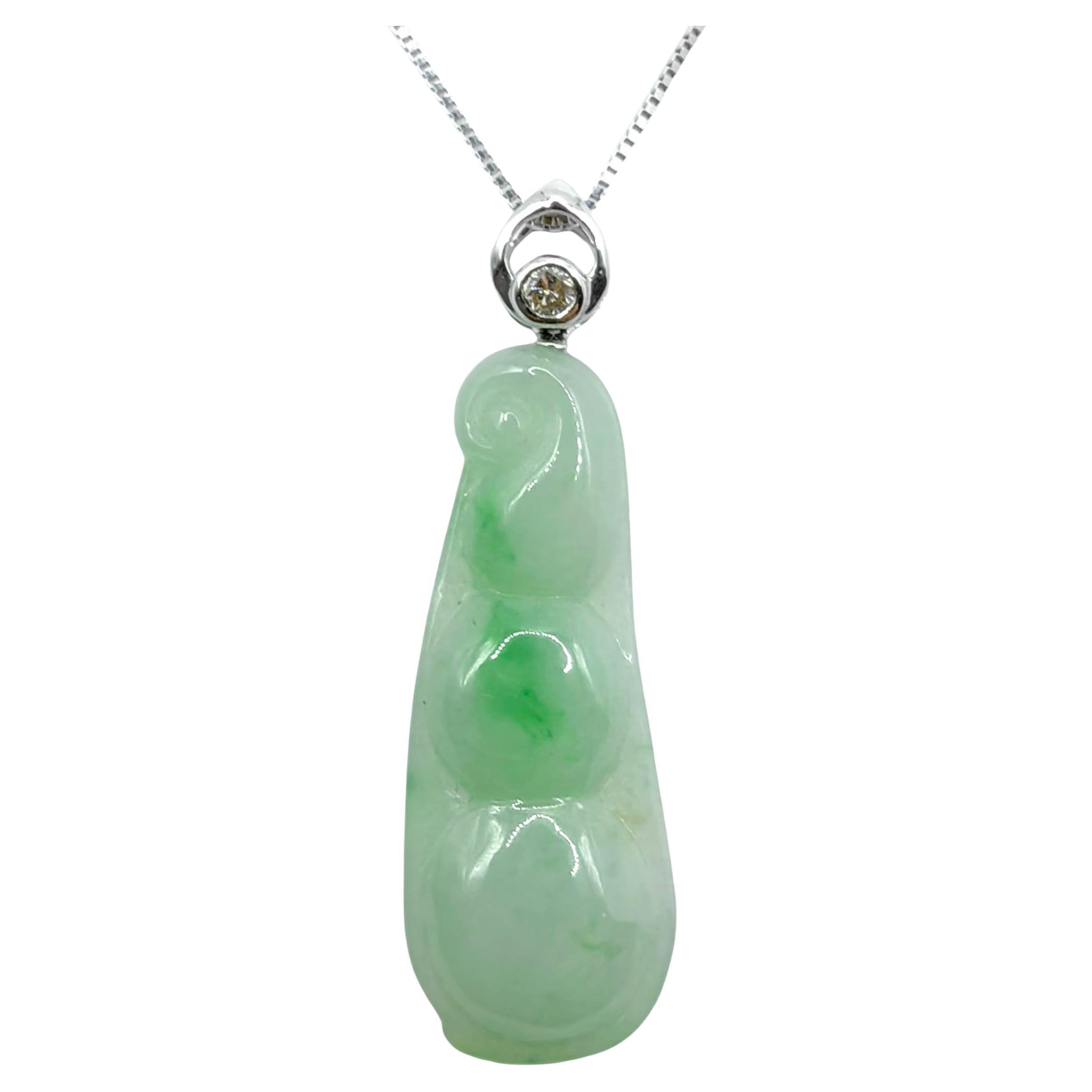 Certified 0.2ct Diamond Light Green Jadeite Jade Bean Pendant in 18K White Gold For Sale
