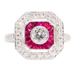 Certified 0.38 Carat Diamond and Red Ruby Vintage Art Deco Inspired Ring