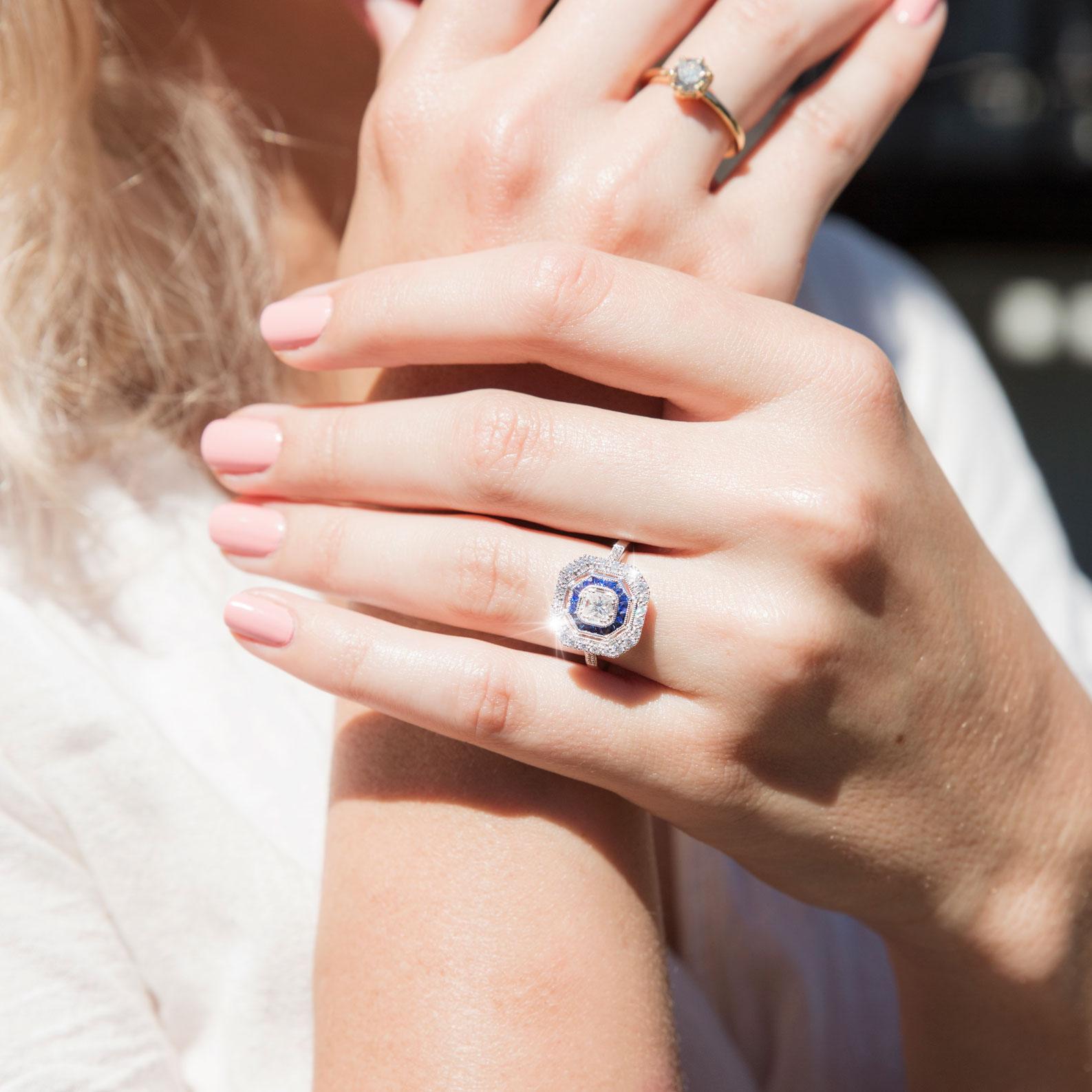 Certified 0.41 Carat Diamond and Blue Sapphire Vintage Art Deco Inspired Ring 4