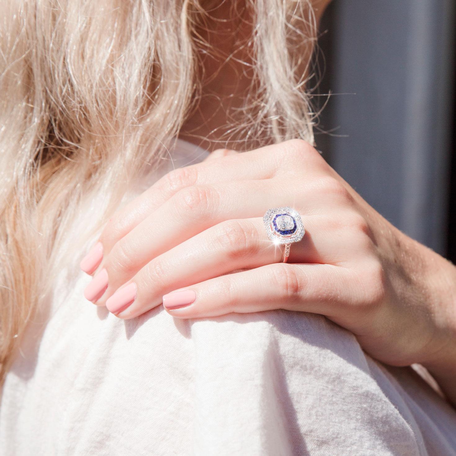 Certified 0.41 Carat Diamond and Blue Sapphire Vintage Art Deco Inspired Ring 5