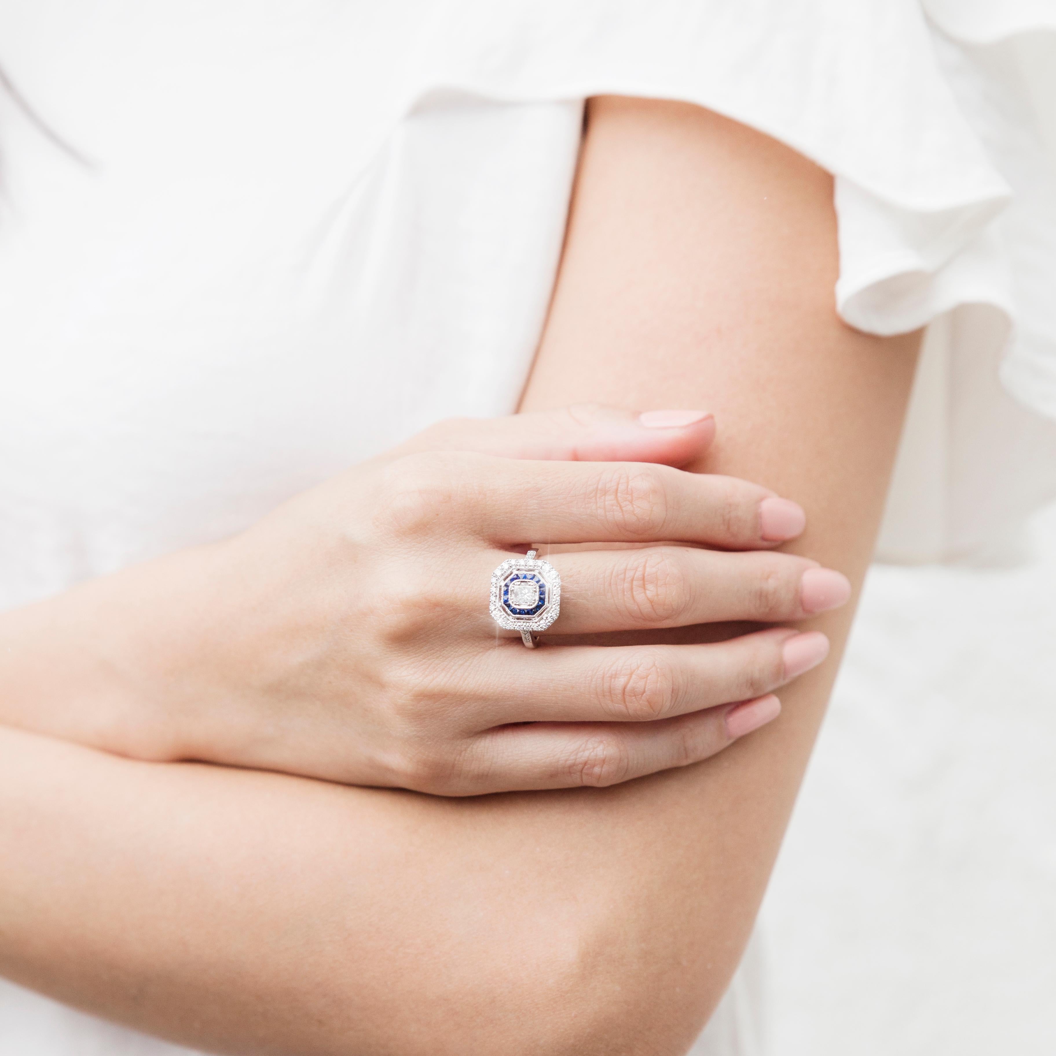 Certified 0.41 Carat Diamond and Blue Sapphire Vintage Art Deco Inspired Ring 7