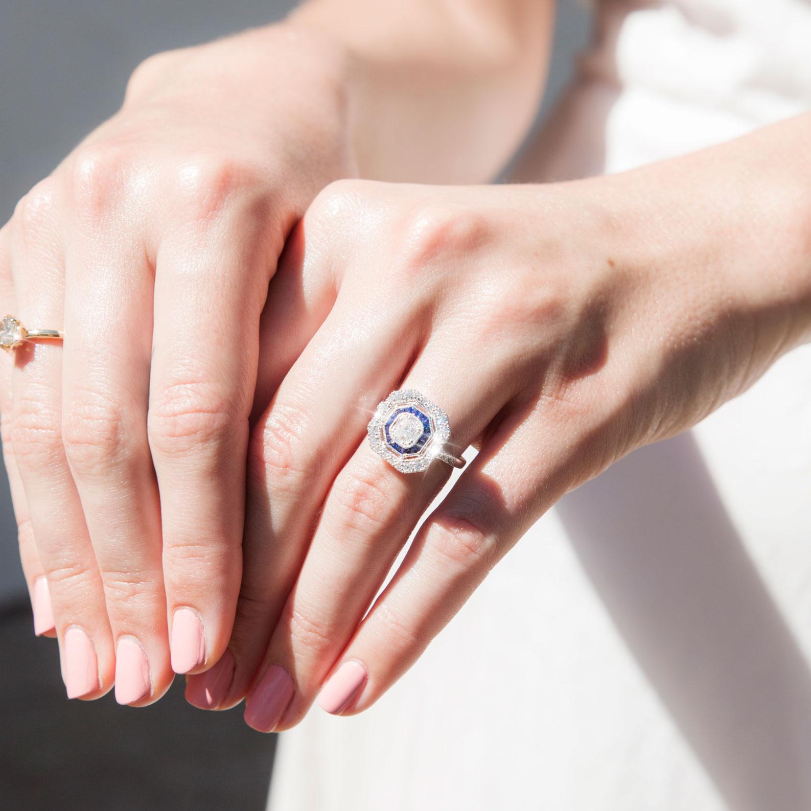 Certified 0.41 Carat Diamond and Blue Sapphire Vintage Art Deco Inspired Ring 11