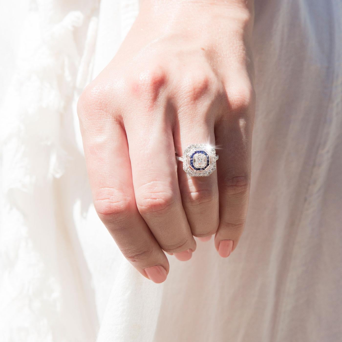 Contemporary Certified 0.41 Carat Diamond and Blue Sapphire Vintage Art Deco Inspired Ring