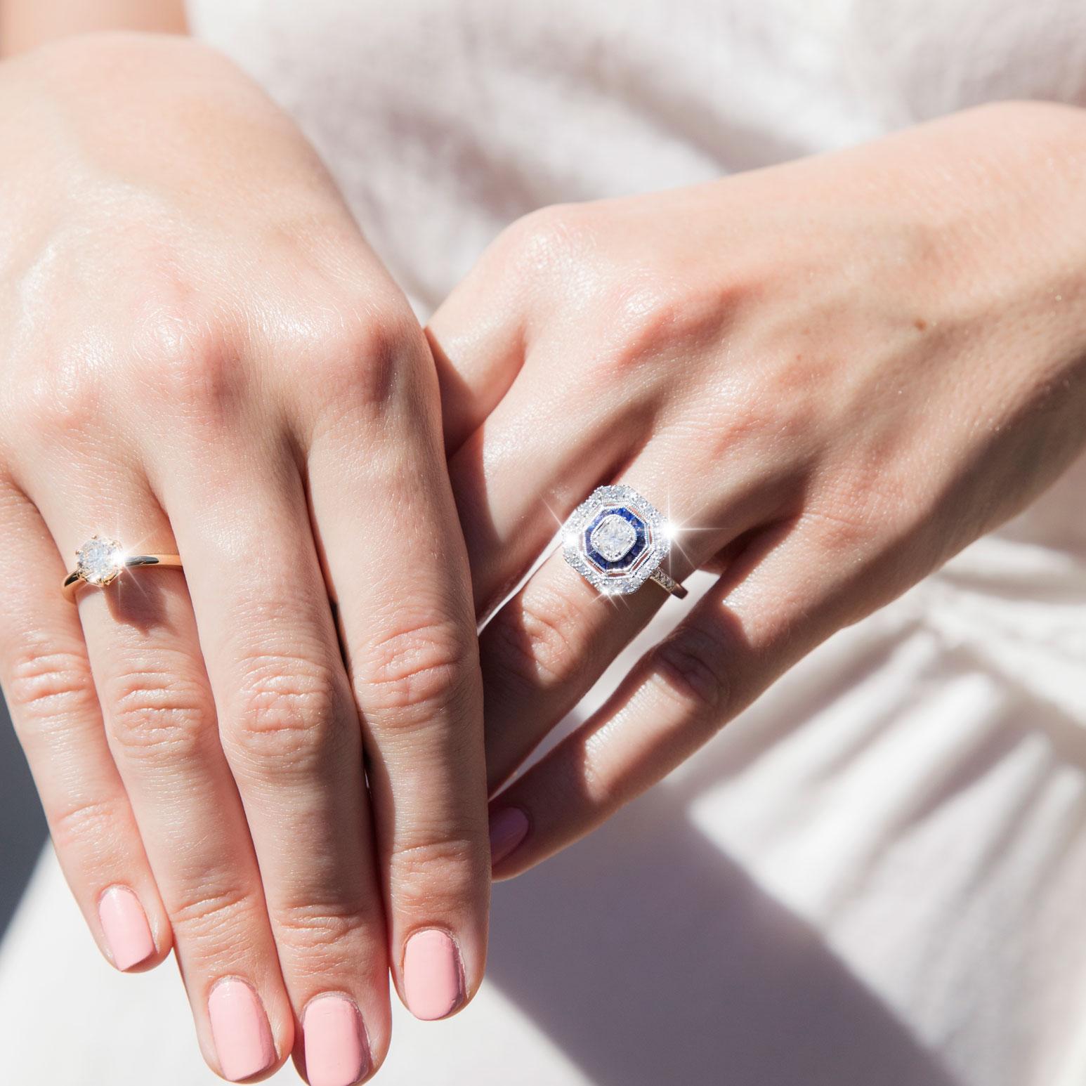 Princess Cut Certified 0.41 Carat Diamond and Blue Sapphire Vintage Art Deco Inspired Ring
