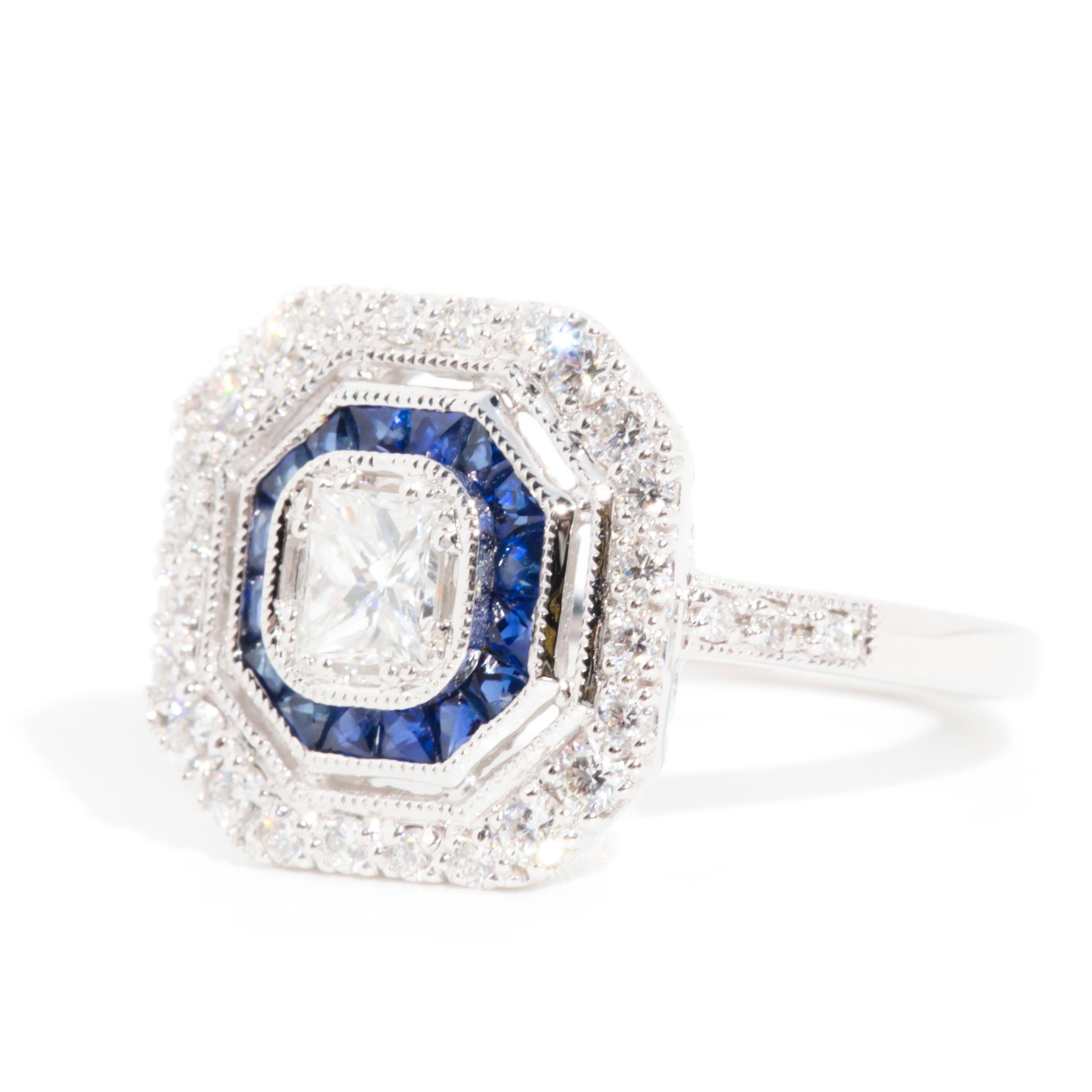 Certified 0.41 Carat Diamond and Blue Sapphire Vintage Art Deco Inspired Ring In New Condition In Hamilton, AU