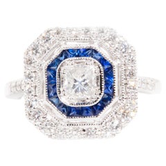 Certified 0.41 Carat Diamond and Blue Sapphire Vintage Art Deco Inspired Ring