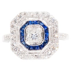zertifizierter 0,41 Karat Diamant und blauer Saphir Vintage Art Deco inspiriert Ring