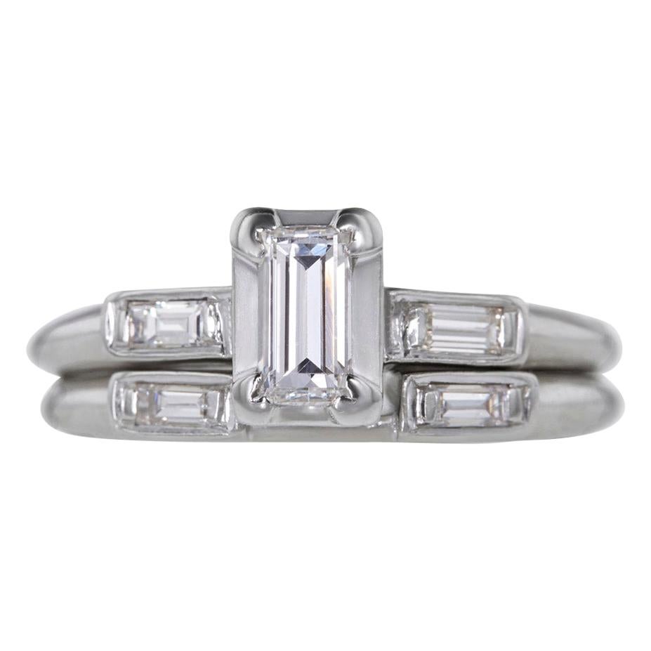 Certified 0.50 Carat Deco Emerald Cut Diamond Ring and Band Set in Gold For Sale