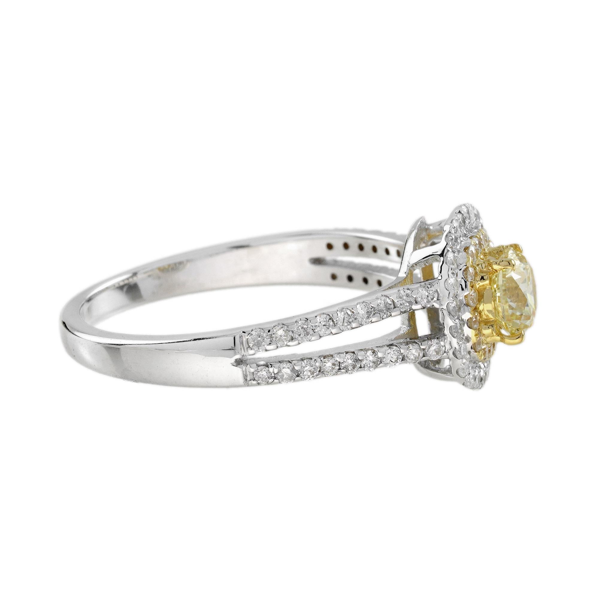 Round Cut Certified 0.50 Ct. Fancy Light Yellow Diamond Split Shank Engagement Ring in 18K