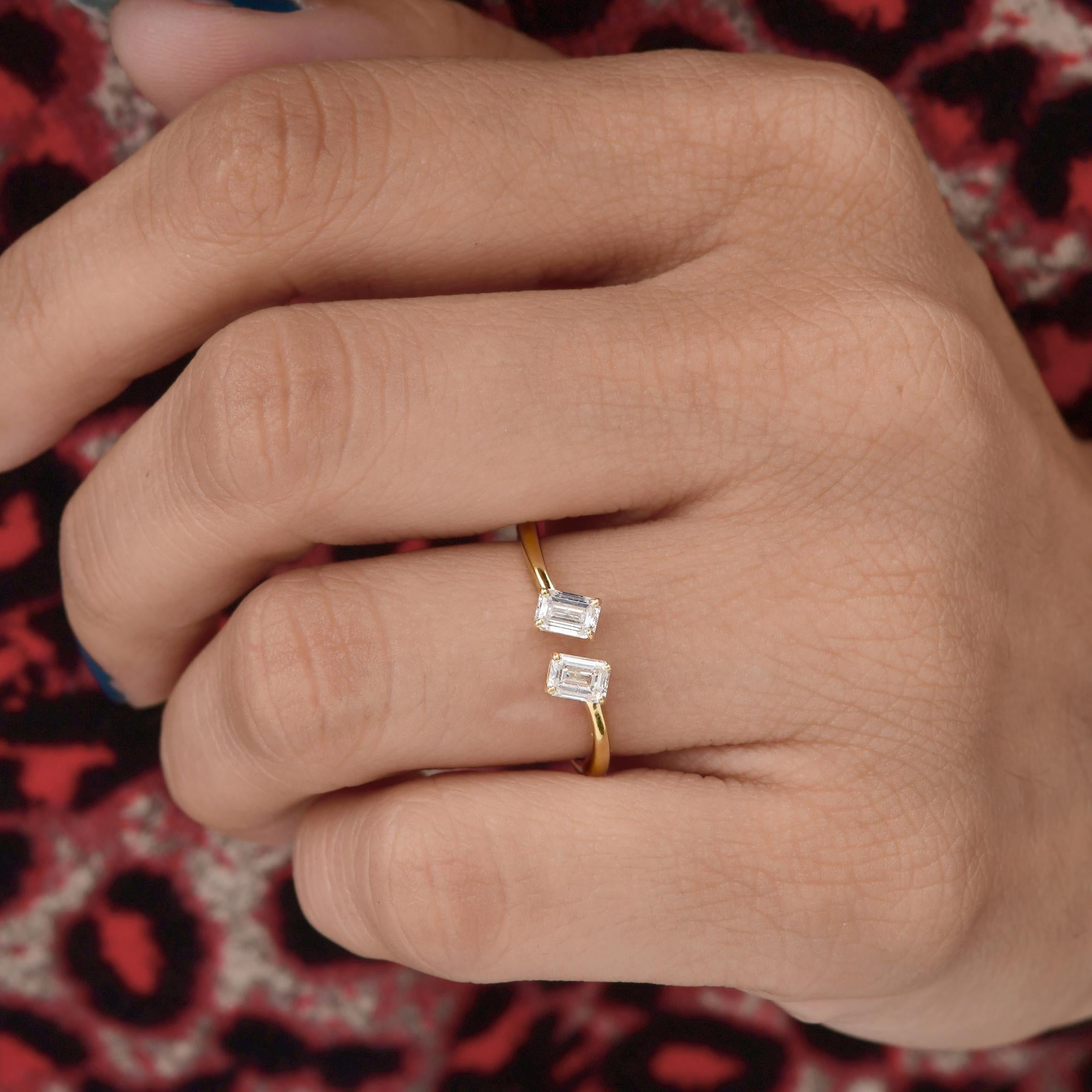 For Sale:  Certified 0.59ct SI/H Emerald Cut Diamond Two Stone Open Ring 18K Yellow Gold 2