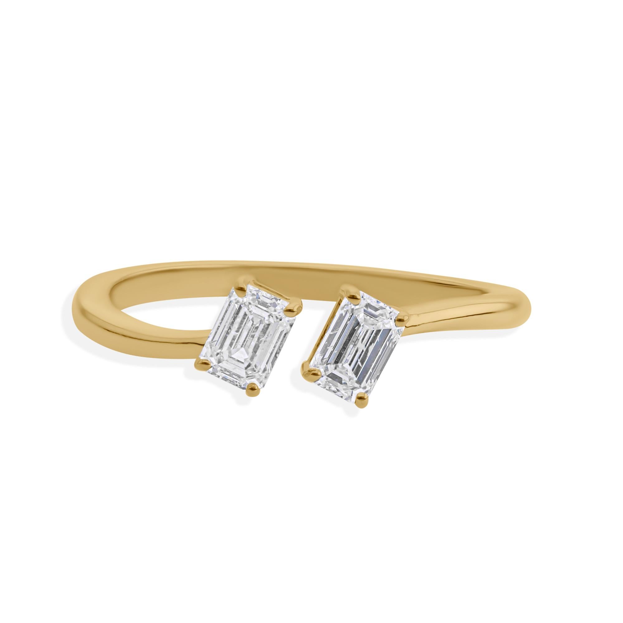 For Sale:  Certified 0.59ct SI/H Emerald Cut Diamond Two Stone Open Ring 18K Yellow Gold 3