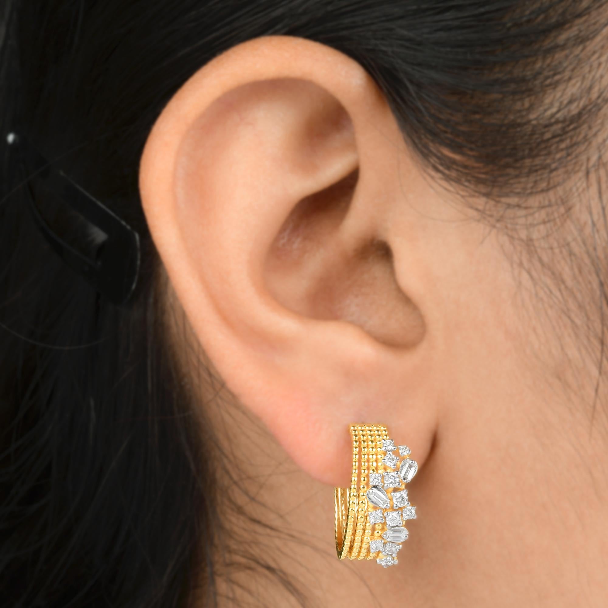 Modern Certified 0.65 Carat SI Clarity HI Color Diamond Hoop Earrings 14k Yellow Gold For Sale