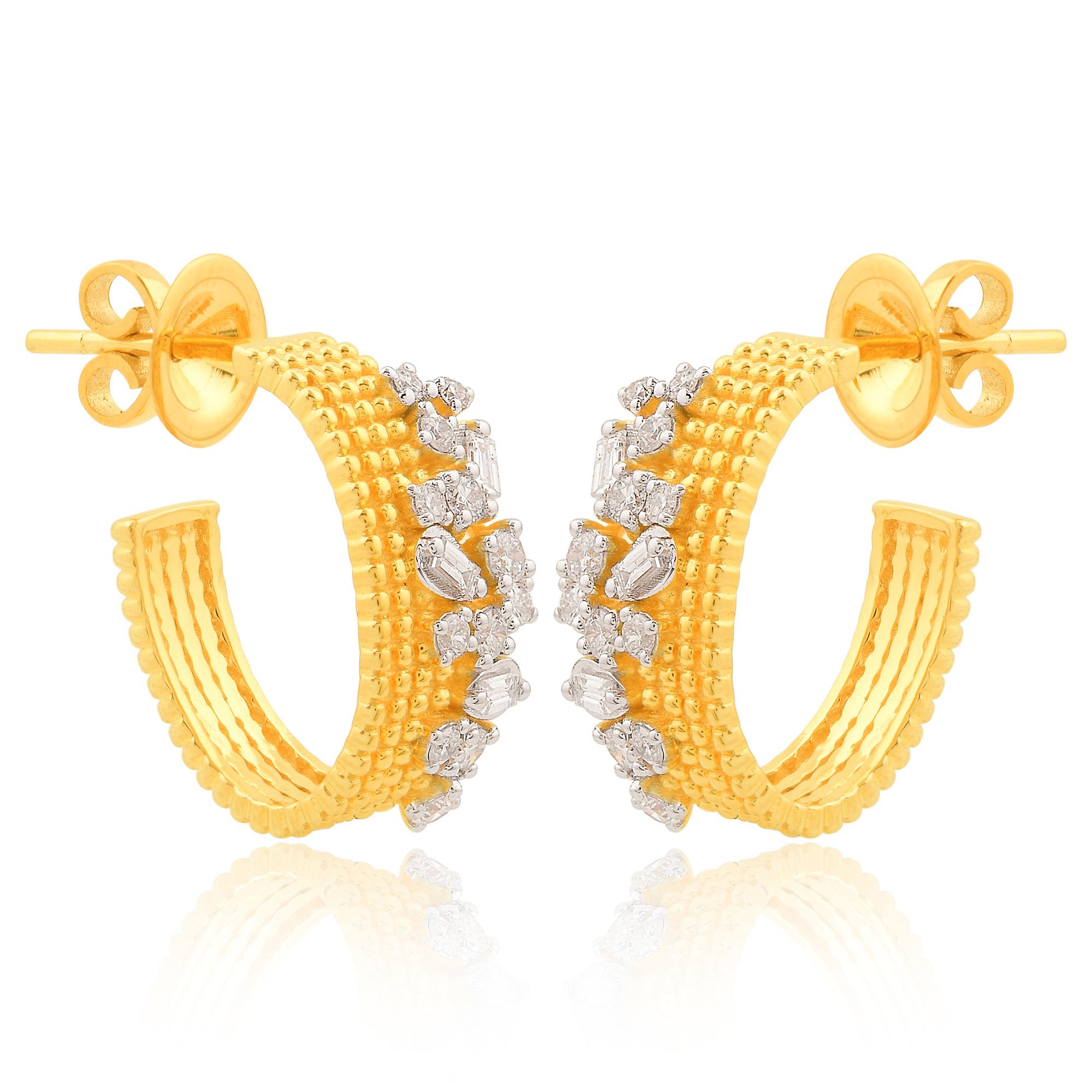 Baguette Cut Certified 0.65 Carat SI Clarity HI Color Diamond Hoop Earrings 14k Yellow Gold For Sale