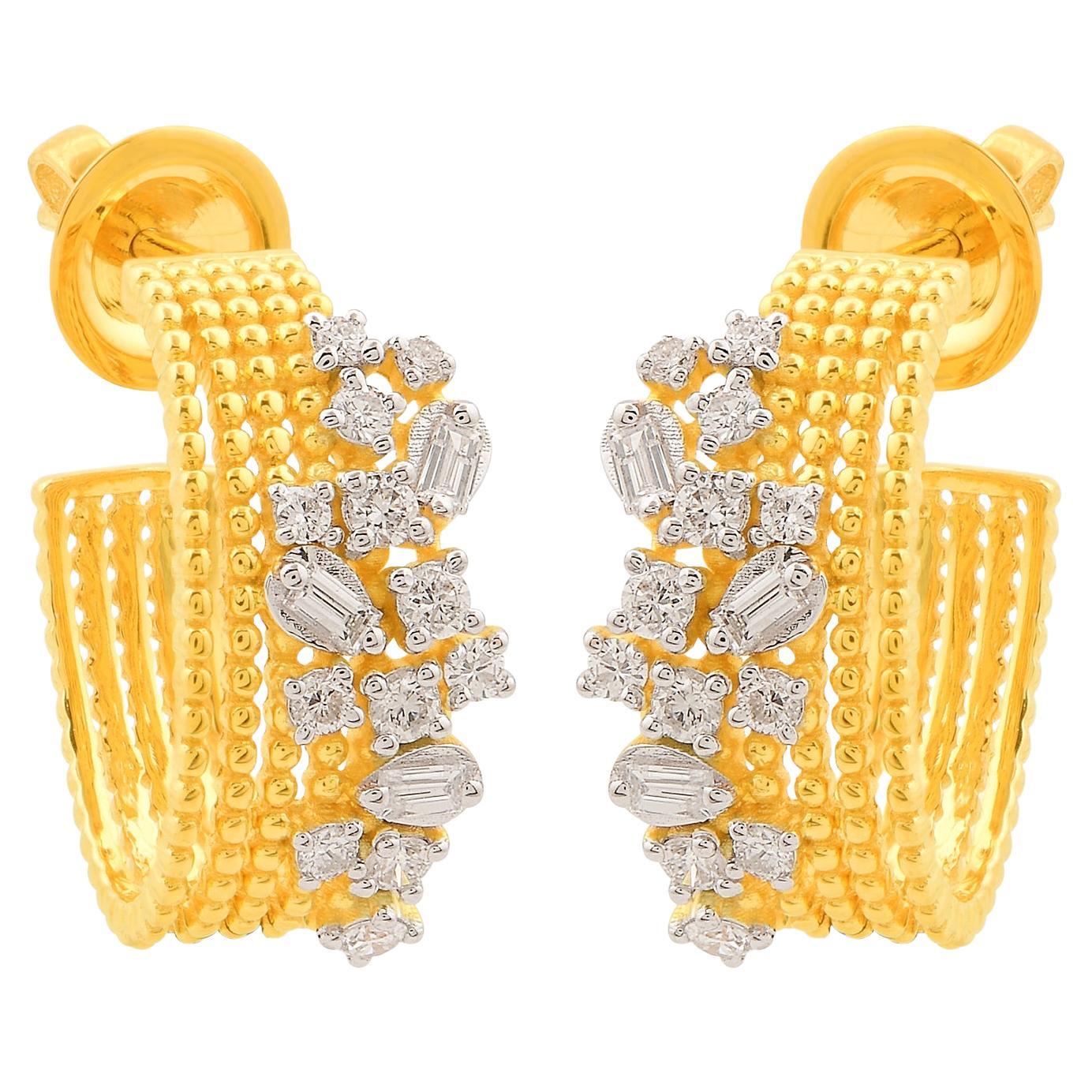 Natural Baguette SI/HI Diamond Ball Hoop Earrings 18k Yellow Gold Fine Jewelry