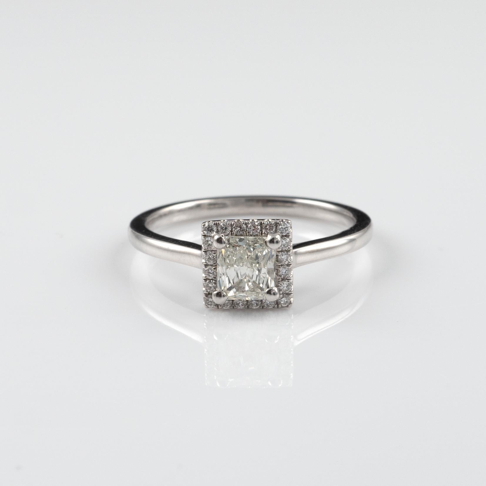 Modernist Certified Radiant Cut 0.65 Carat Diamond Halo Ring 18 Karat White Gold   For Sale