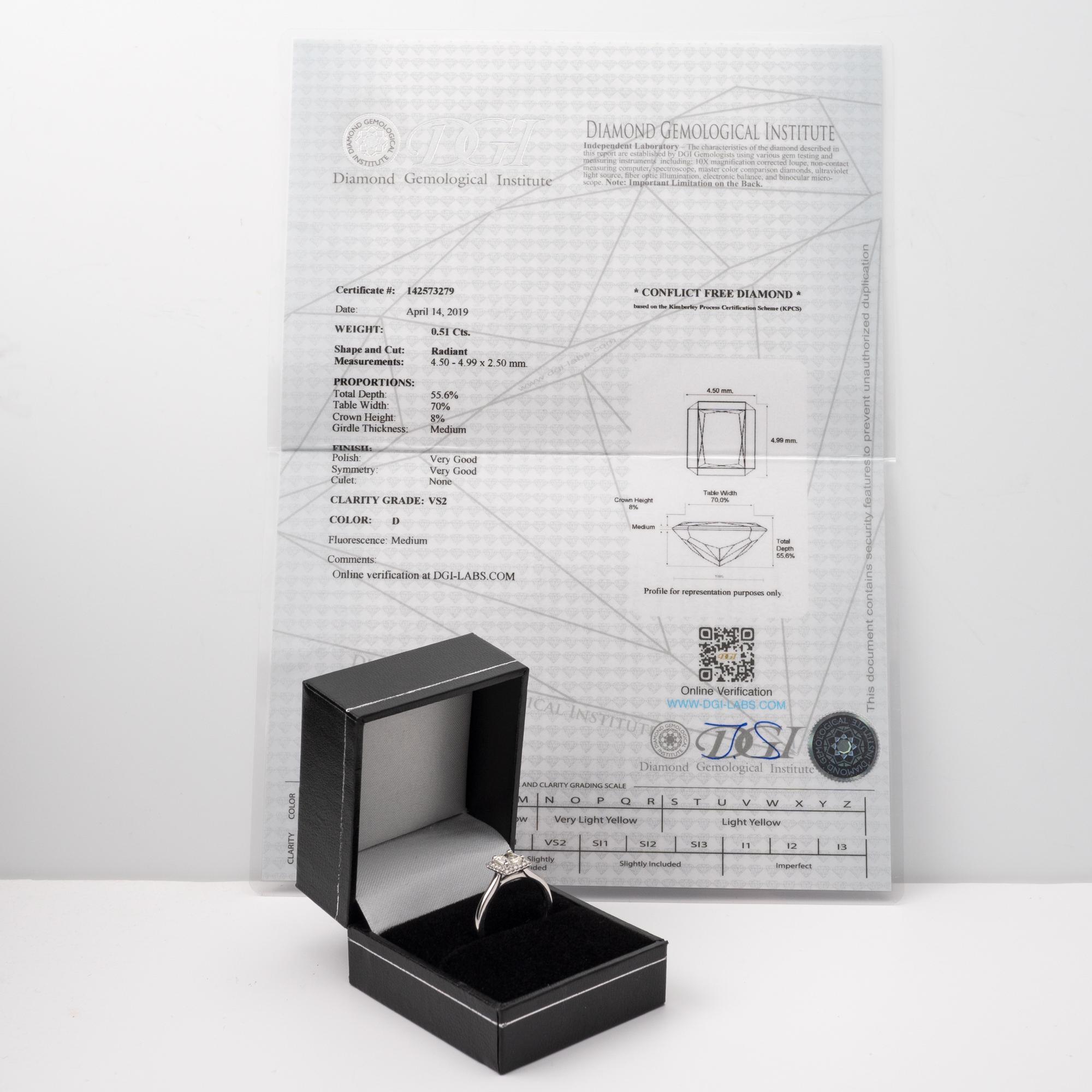 Men's Certified Radiant Cut 0.65 Carat Diamond Halo Ring 18 Karat White Gold   For Sale