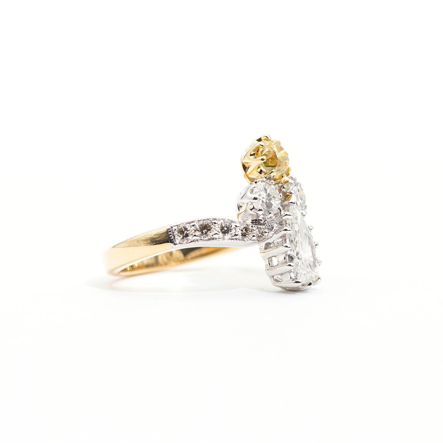Certified 0.70 Carat Pear and Fancy Yellow Diamond Vintage 18 Carat Gold Ring In New Condition In Hamilton, AU