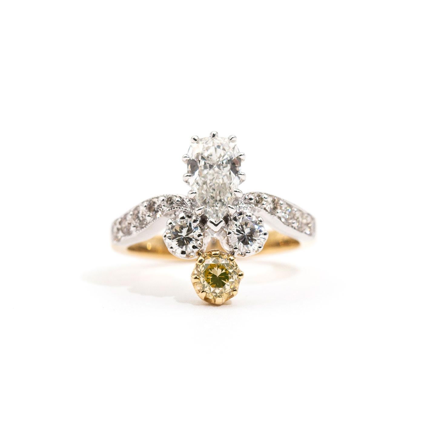 Certified 0.70 Carat Pear and Fancy Yellow Diamond Vintage 18 Carat Gold Ring 3