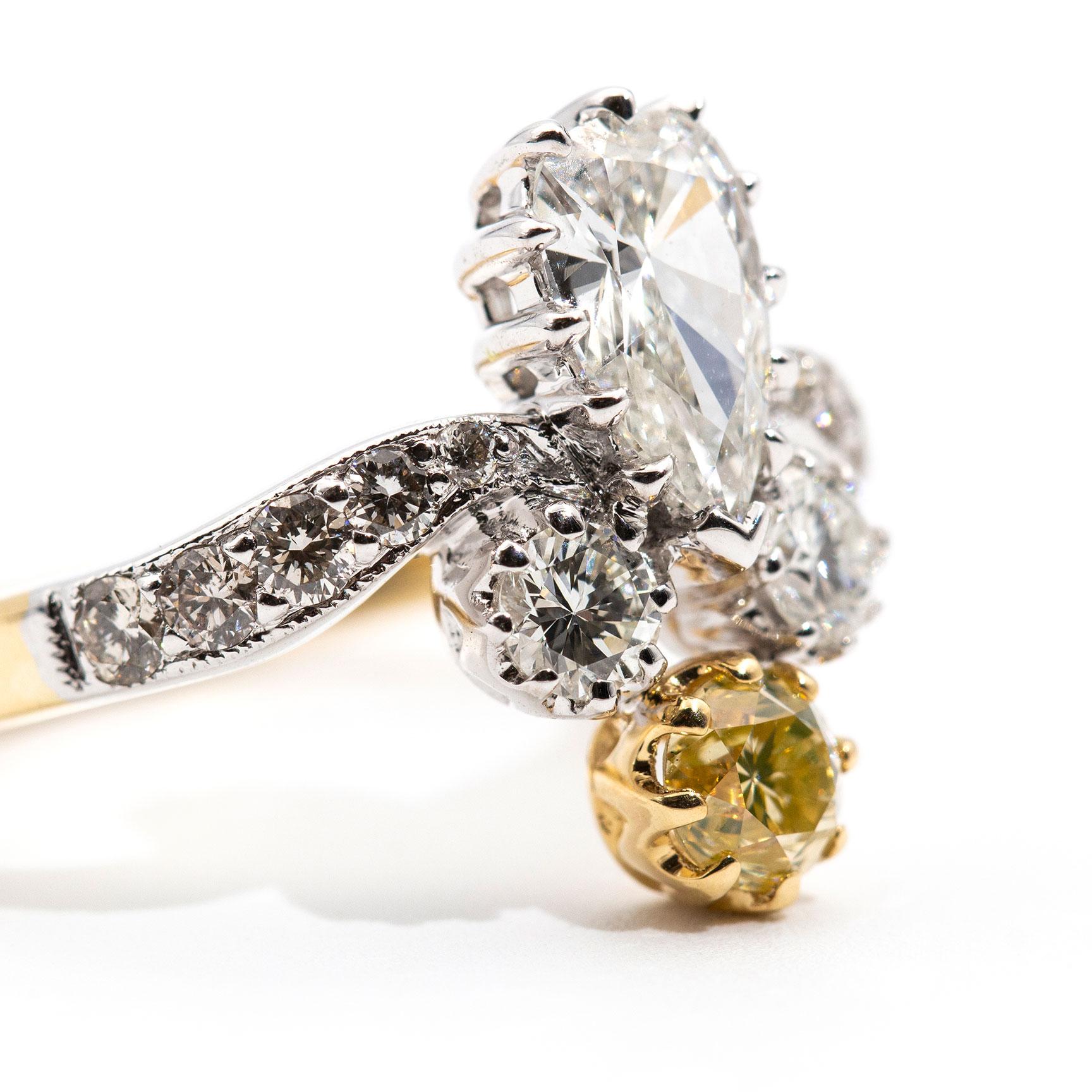 Contemporary Certified 0.70 Carat Pear and Fancy Yellow Diamond Vintage 18 Carat Gold Ring
