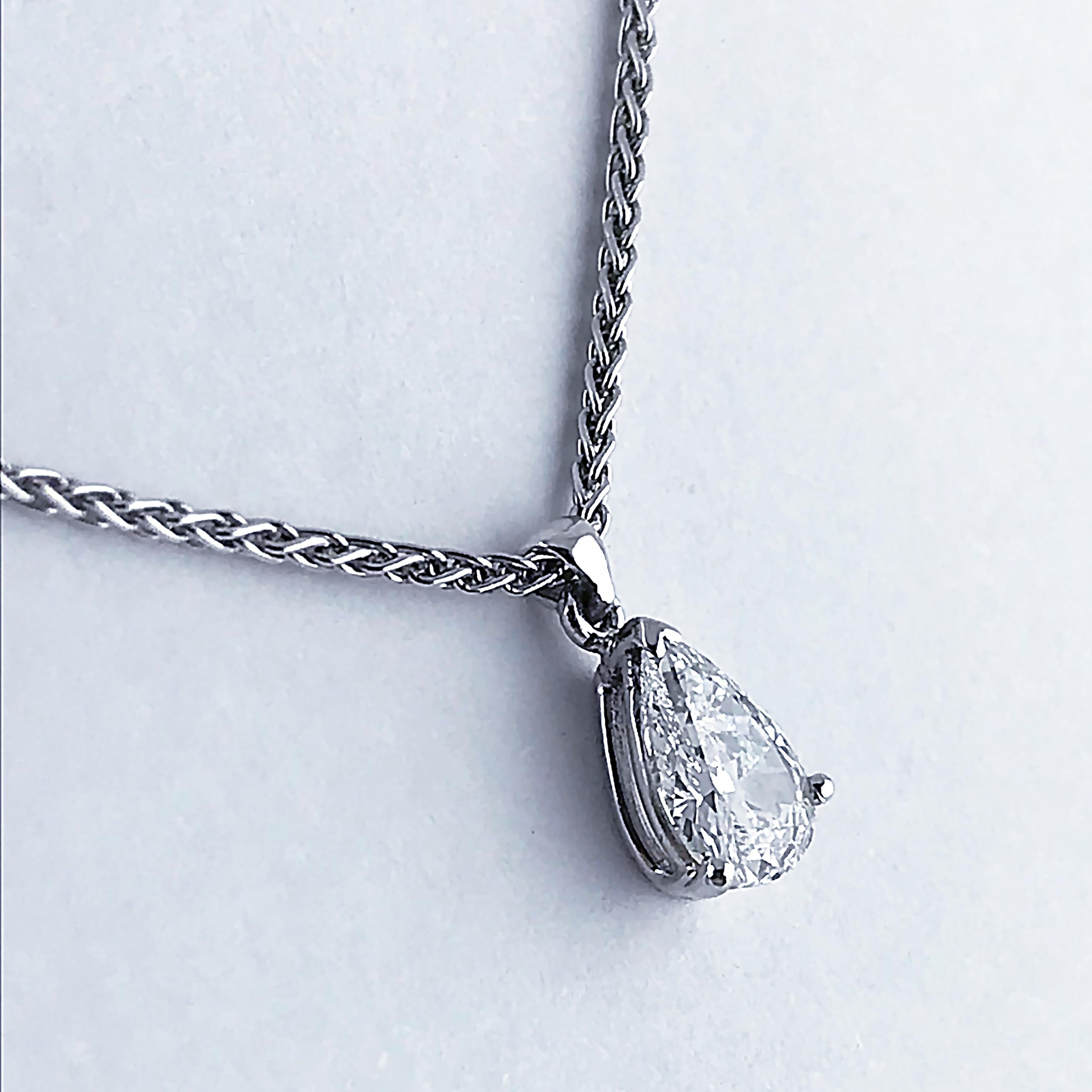 Certified Pear shape diamond drop of the highest colour on an 18ct white gold chain.

Diamond, Pear shape cut, 0.70carats, D, S12 (Certificated) mounted in 18ct white gold.


Dimensions:

Pendant (Diamond in setting)

Height 8 mm
Width 	5 mm (at