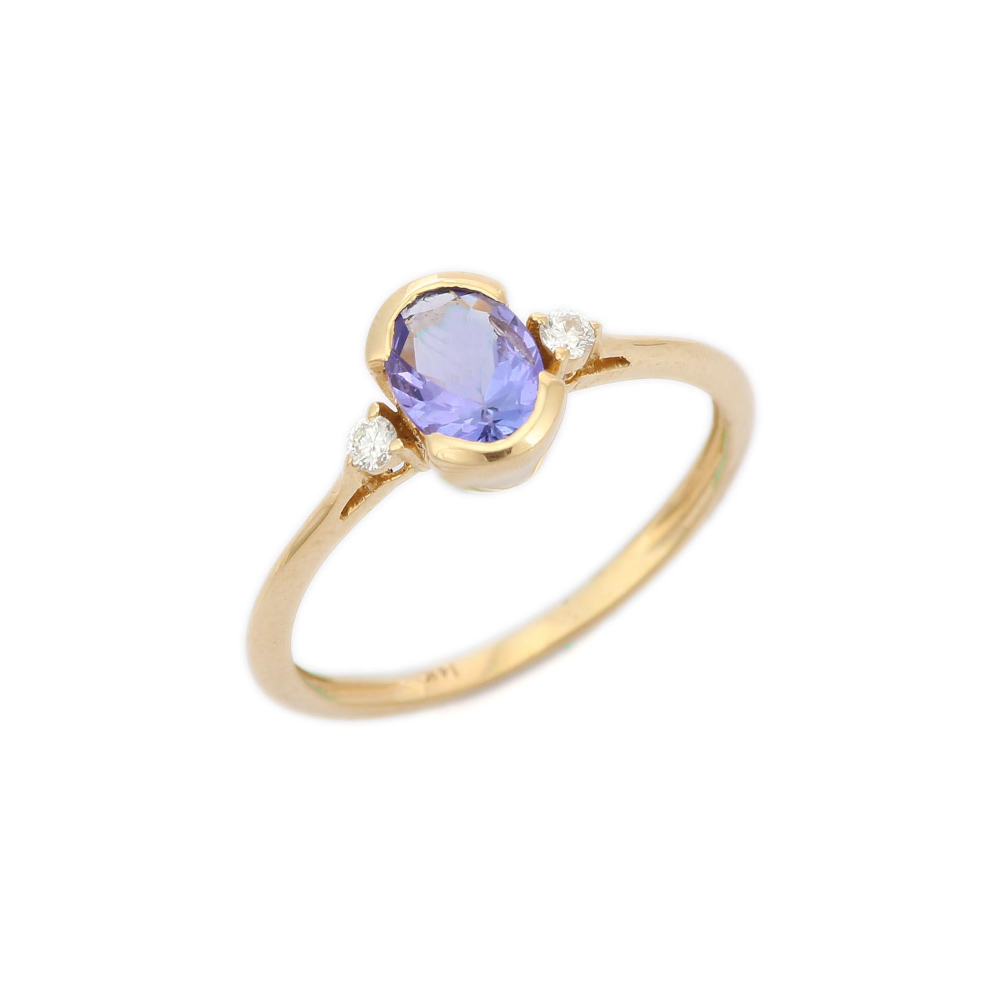 For Sale:  Certified 0.8 Carat Tanzanite and Diamond Dainty Ring in 14K Yellow Gold 4