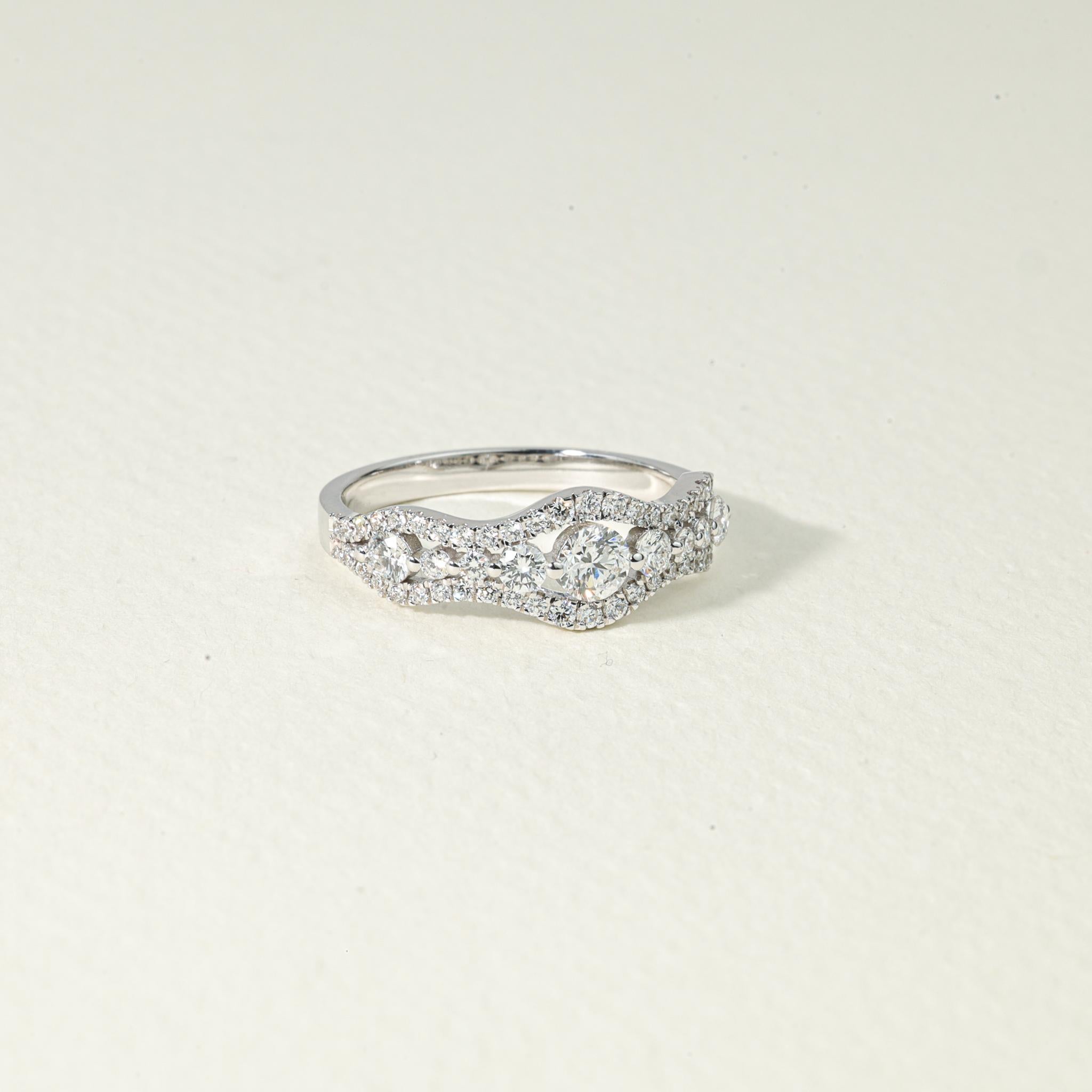 Art Deco 0.85ct Round-Cut Diamond Cluster Engagement Ring in 18K White Gold – Brilliance For Sale
