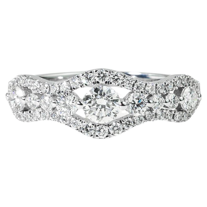 0.85ct Round-Cut Diamond Cluster Engagement Ring in 18K White Gold – Brilliance For Sale