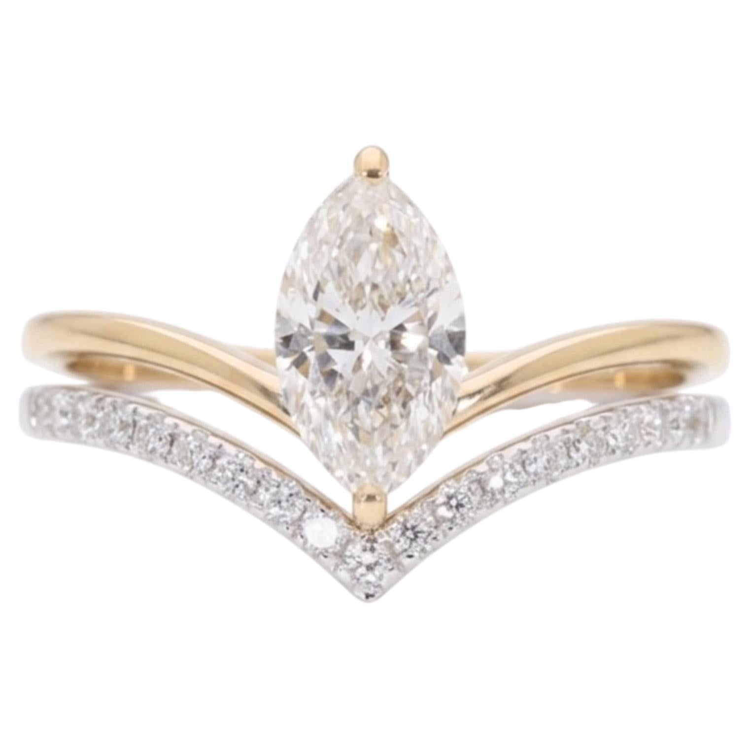 Marquise 0.85 Carat Diamond Bridal Chevron Ring Set 18K White Gold Wedding Ring