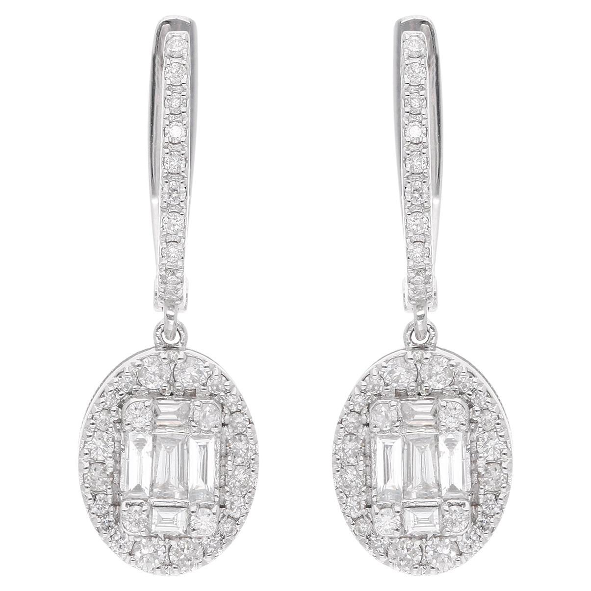 Taille baguette Certified 0.87Ct SI/H Diamond Lever Back Dangle Earrings 14k White Gold Jewelry en vente