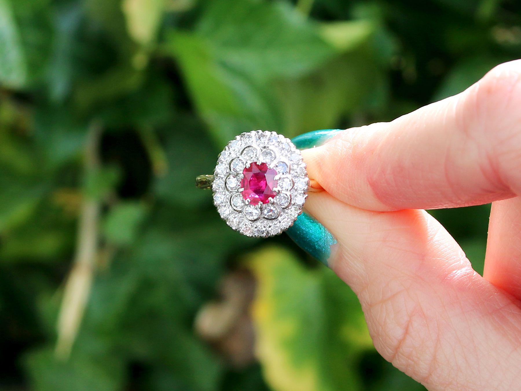 A stunning vintage 0.92 carat ruby and 0.51 carat diamond, 18 karat yellow gold cluster ring; part of our vintage estate jewelry collections.

This stunning, fine and impressive vintage Burmese ruby and diamond cluster ring has been crafted in 18k