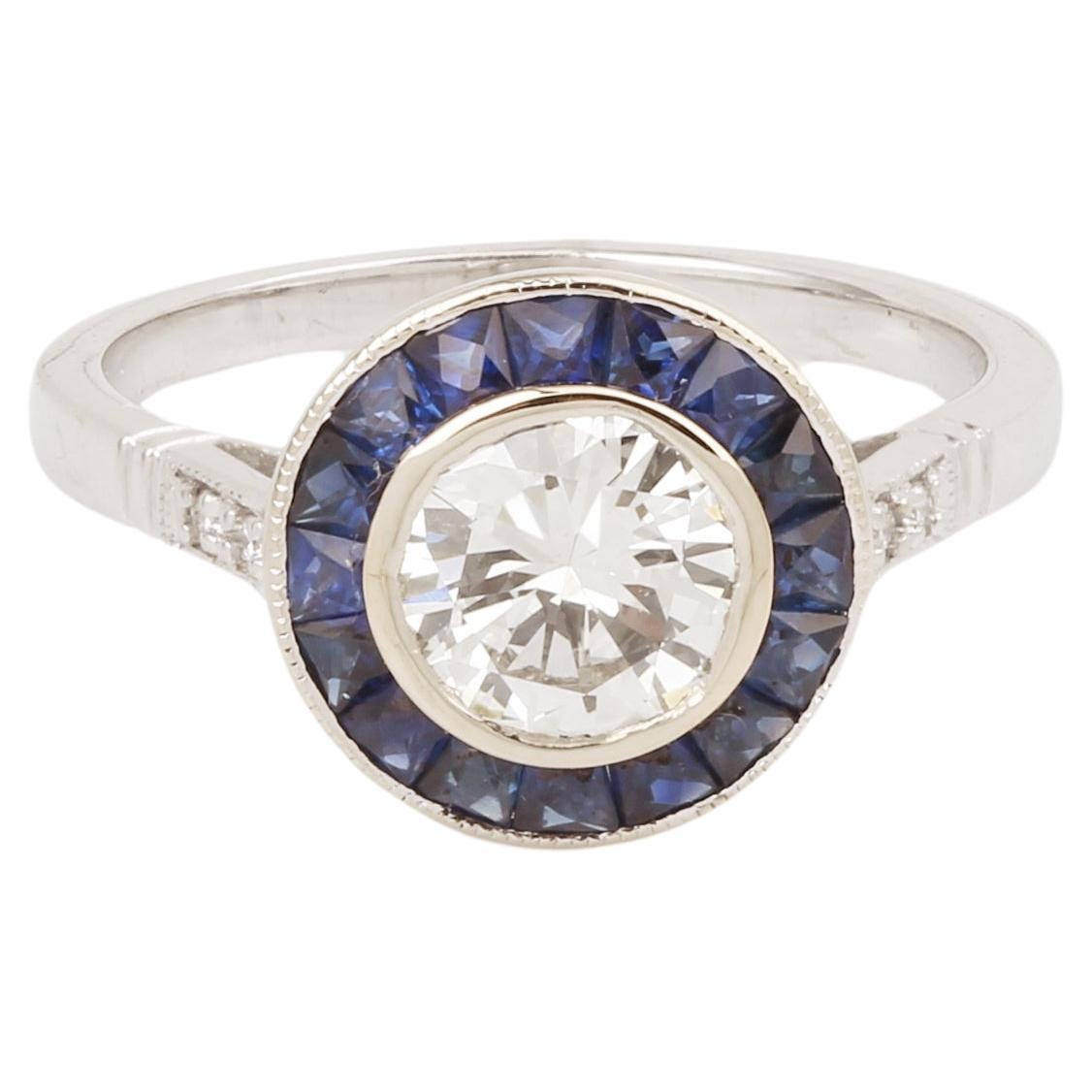 Certified 1 Carat Diamonds Sapphires 18 Carat White Gold Art Deco Style Ring For Sale