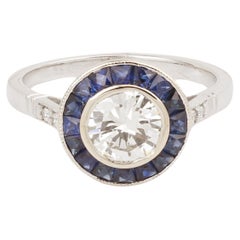 Zertifizierter 1 Karat Diamanten Saphir 18 Karat Weißgold Art Deco Stil Ring