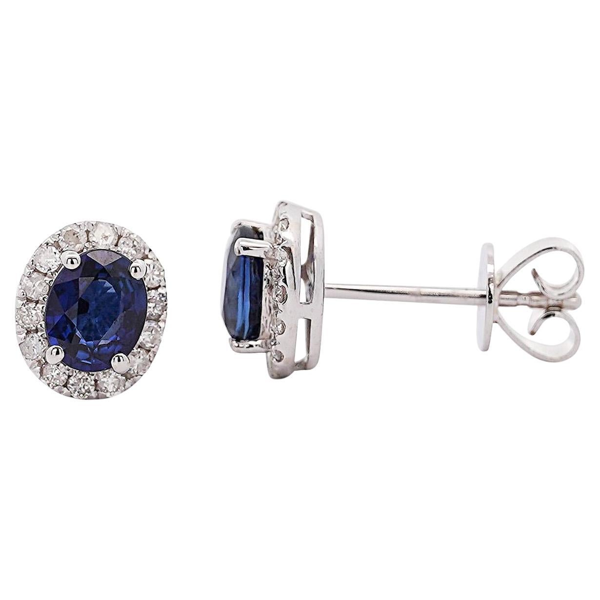 Certified 1 Carat Oval Blue Sapphire Diamond Halo Stud Earrings