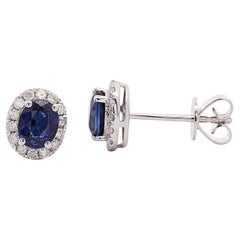 Certified 1 Carat Oval Blue Sapphire Diamond Halo Stud Earrings