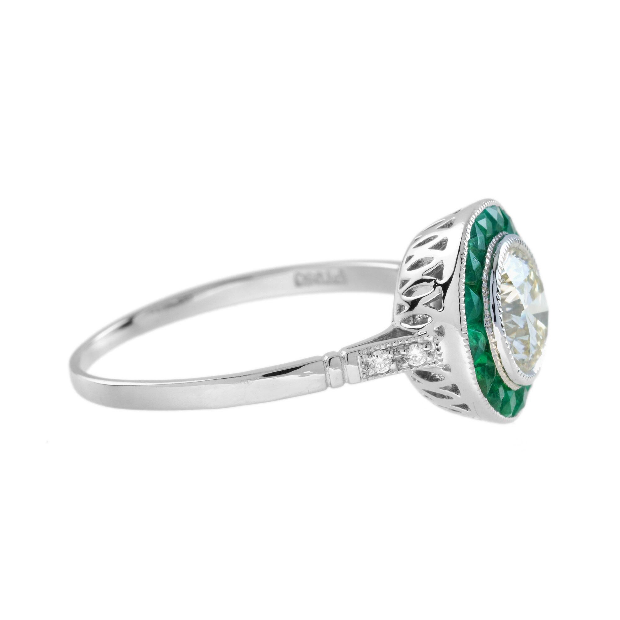 Women's or Men's Certified 1 Ct. Diamond and Emerald Art Deco Style Target Ring in Platinum 950 For Sale