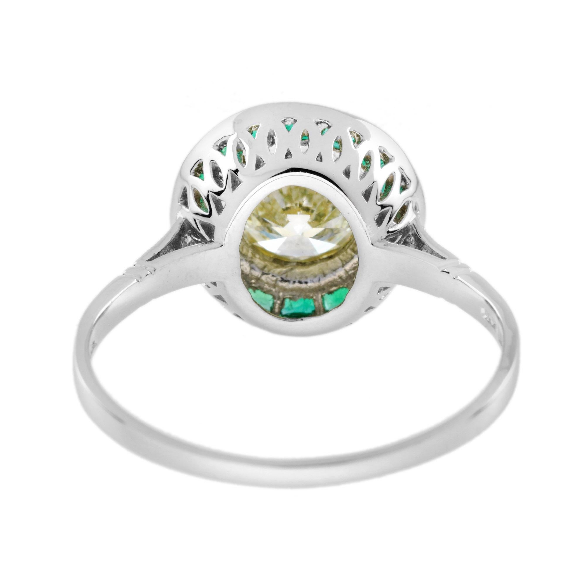 Certified 1 Ct. Diamond and Emerald Art Deco Style Target Ring in Platinum 950 For Sale 1