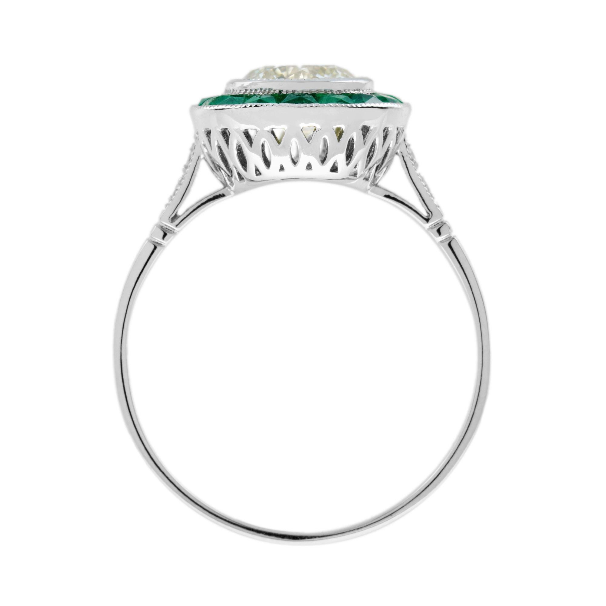 Women's or Men's Certified 1 Ct. Diamond and Emerald Art Deco Style Target Ring in Platinum 950 For Sale