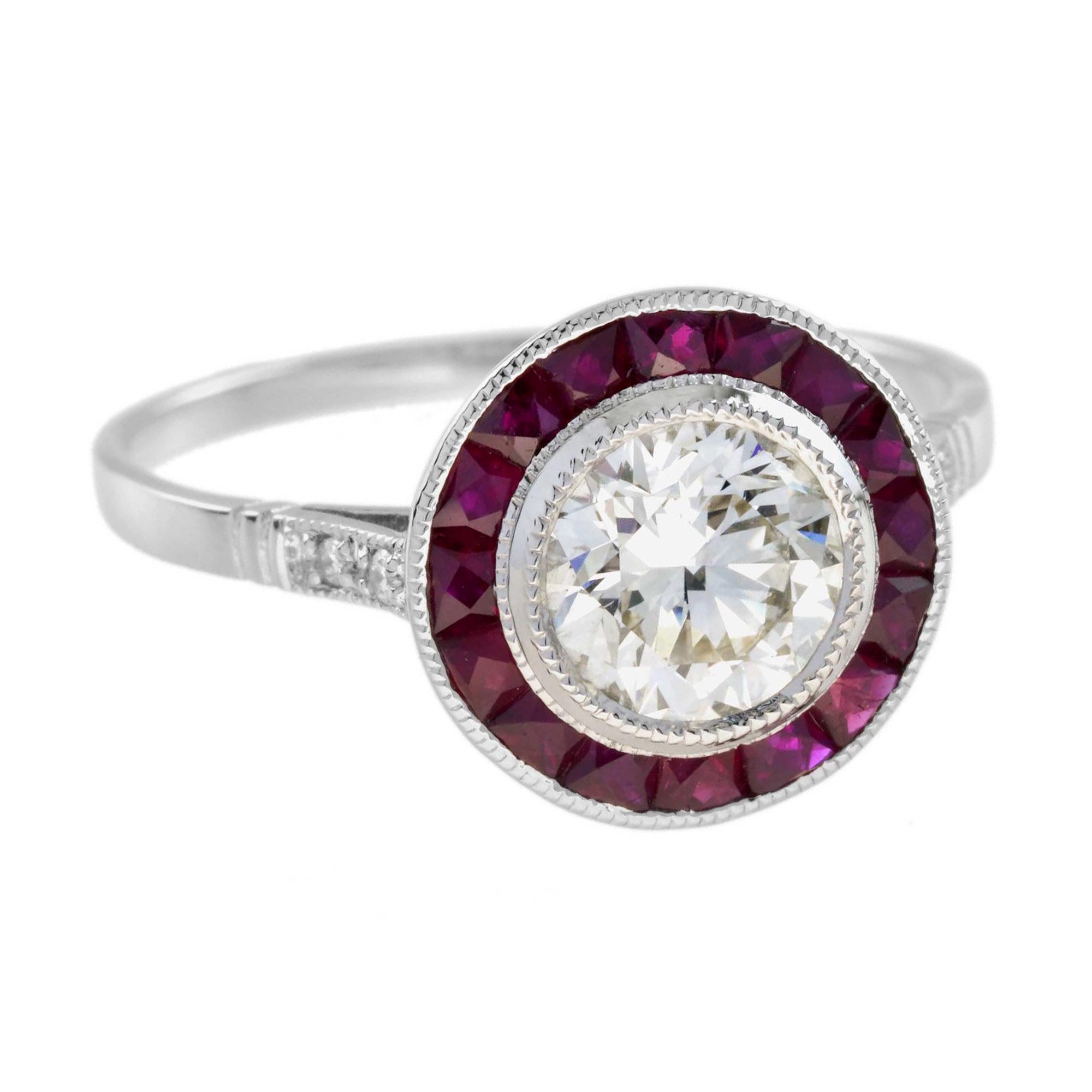 Women's Certified 1 Ct. Diamond and Ruby Art Deco Style Target Ring in Platinum 950 For Sale