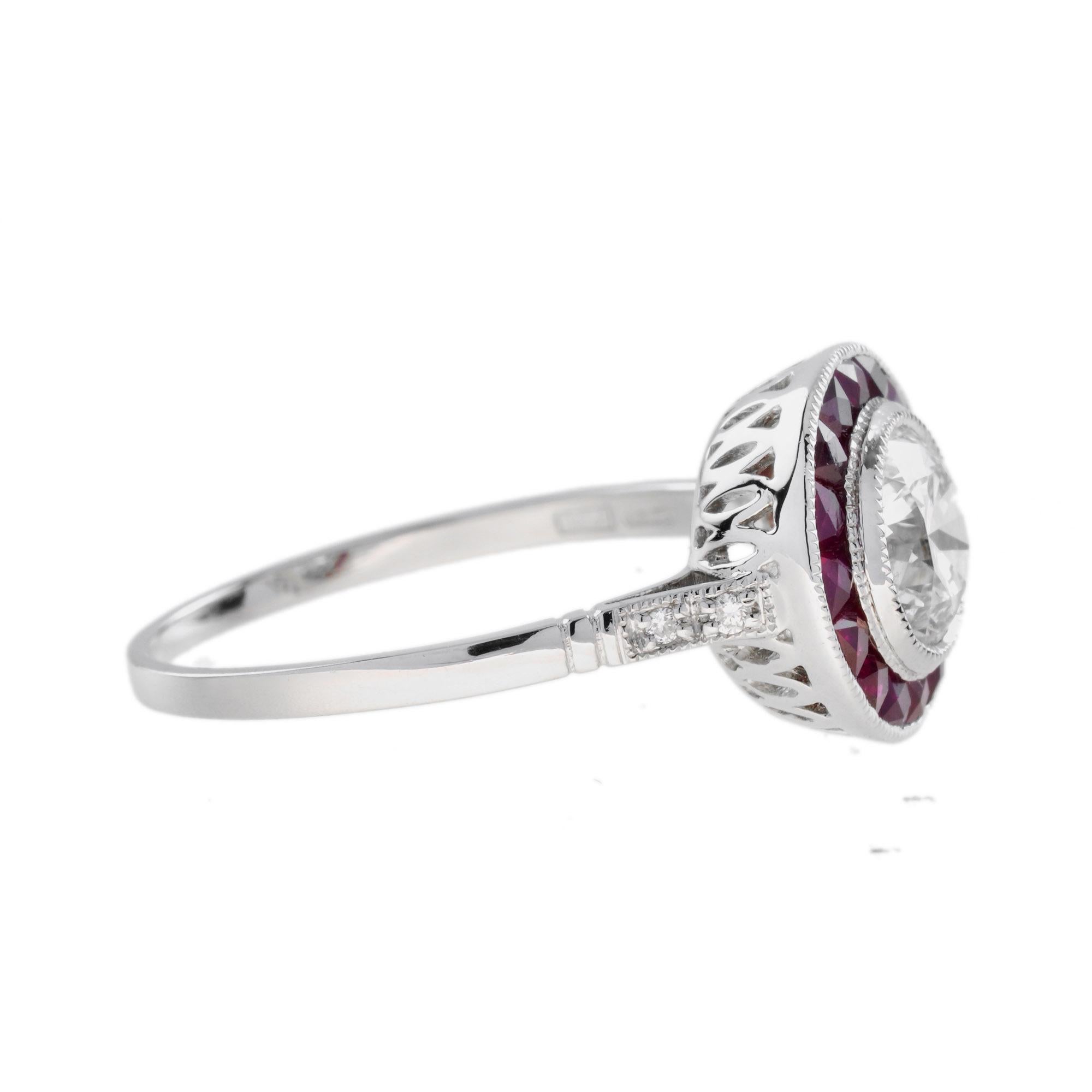 Certified 1 Ct. Diamond and Ruby Art Deco Style Target Ring in Platinum 950 For Sale 1