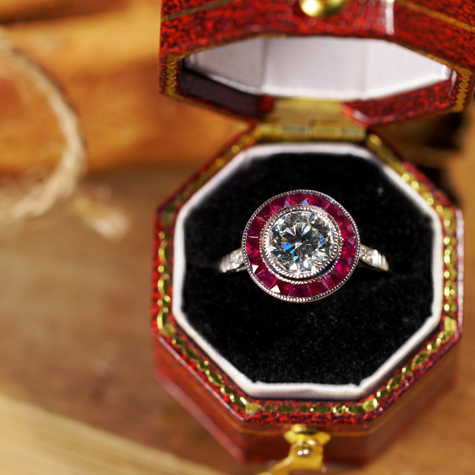 An Art Deco inspired target ring, boasting a central bezel set GIA certified 1 carat diamond with a color of N and clarity of VVS1. The central diamond is surrounded by a halo of channel set French cut rubies. The round diamonds on shoulders add the