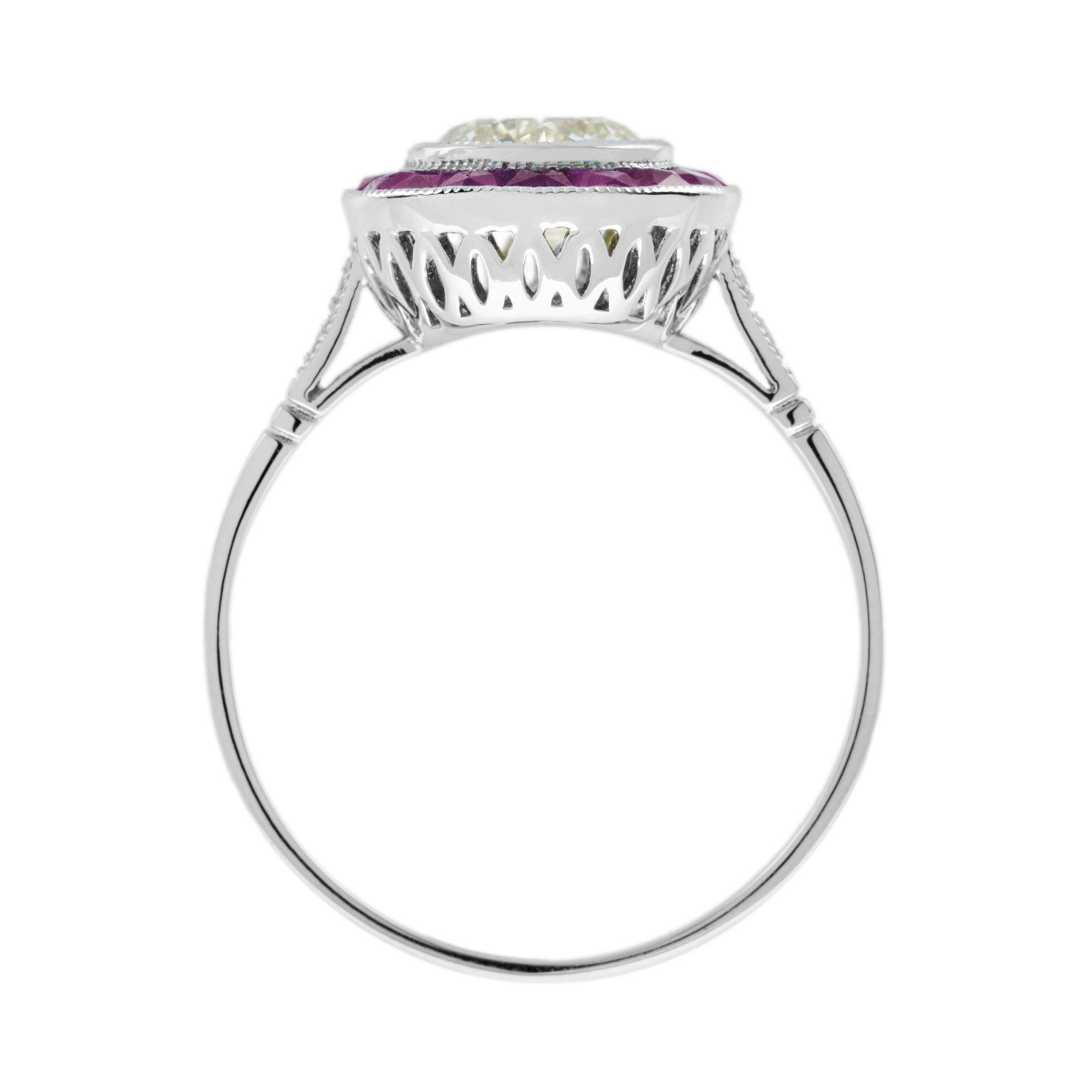 Certified 1 Ct. Diamond and Ruby Art Deco Style Target Ring in Platinum 950 For Sale 3