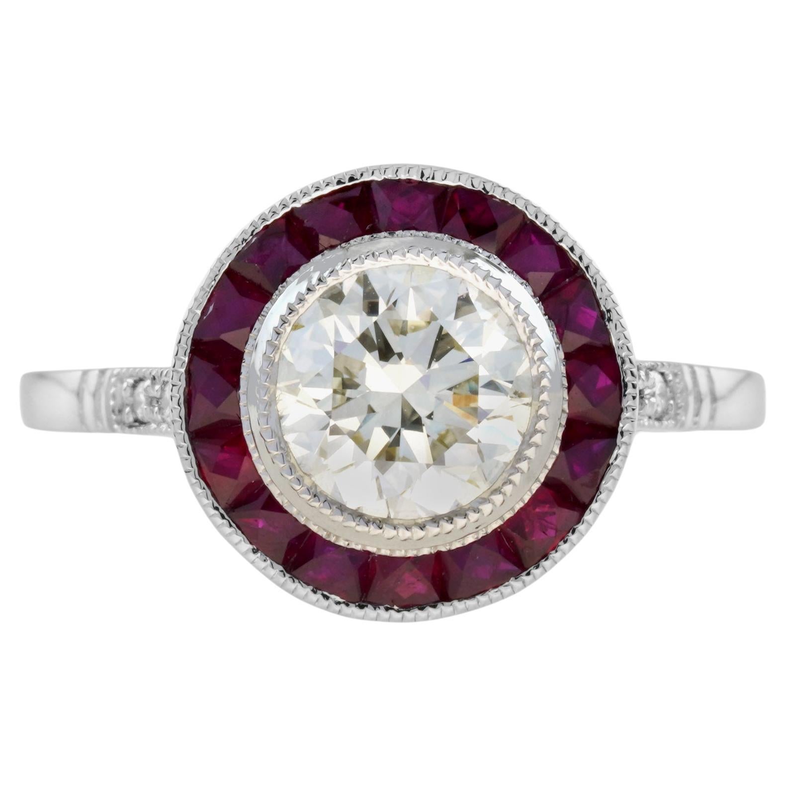 Certified 1 Ct. Diamond and Ruby Art Deco Style Target Ring in Platinum 950