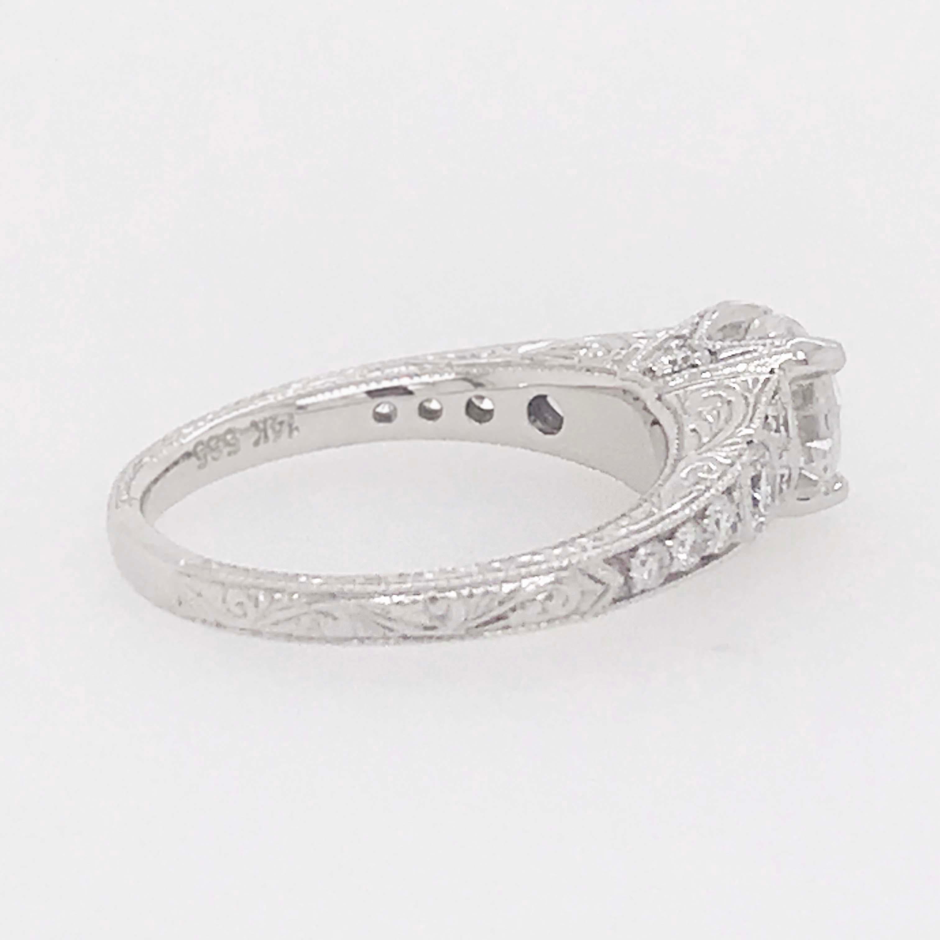 Round Cut Certified 1 Carat Diamond Vintage Style Ring and Antique Hand Engraving For Sale