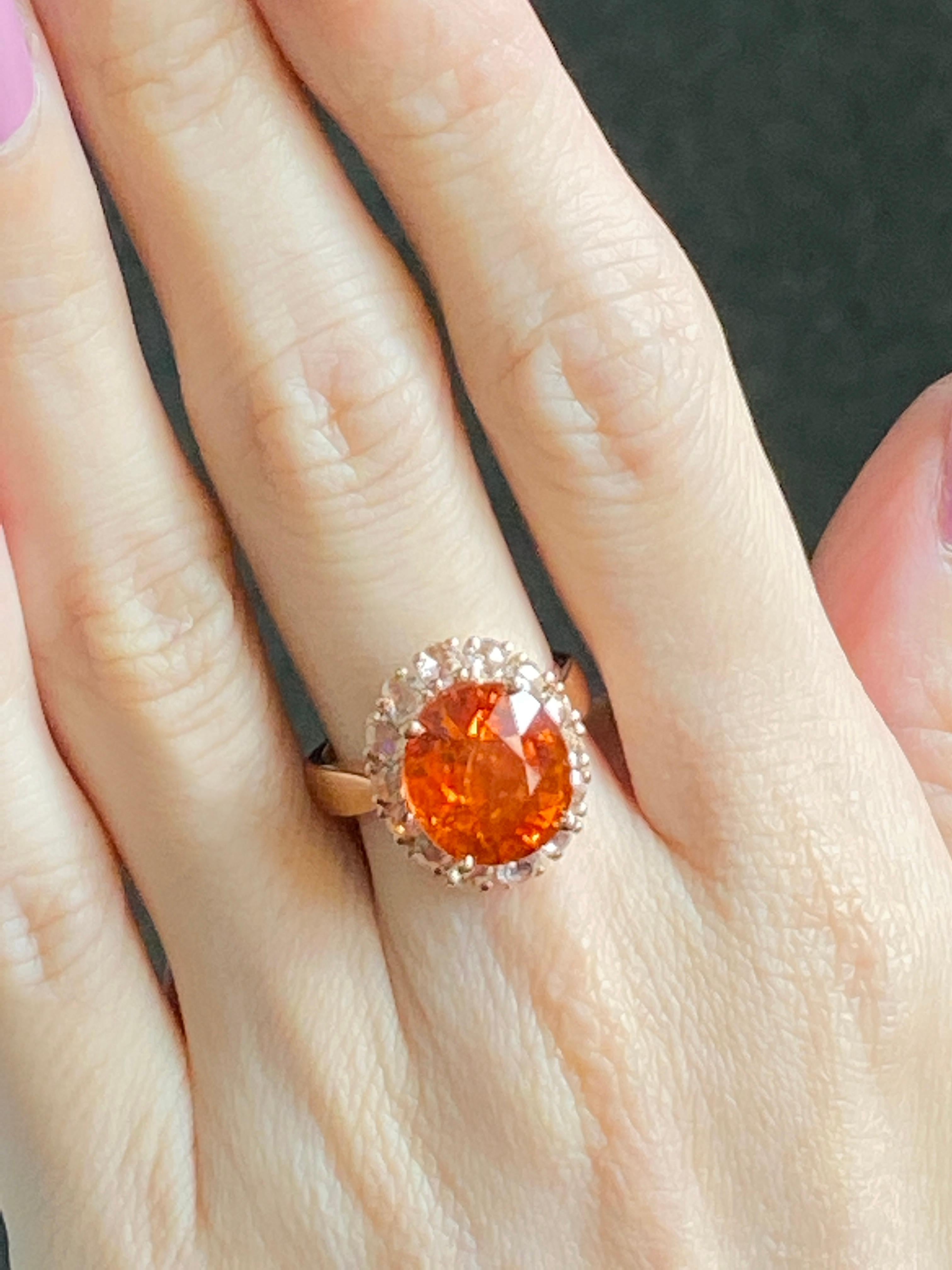 Certified 10 Carat Mandarin Garnet Rose Cut Diamond Ring in Pink Gold In New Condition For Sale In Bangkok, Thailand
