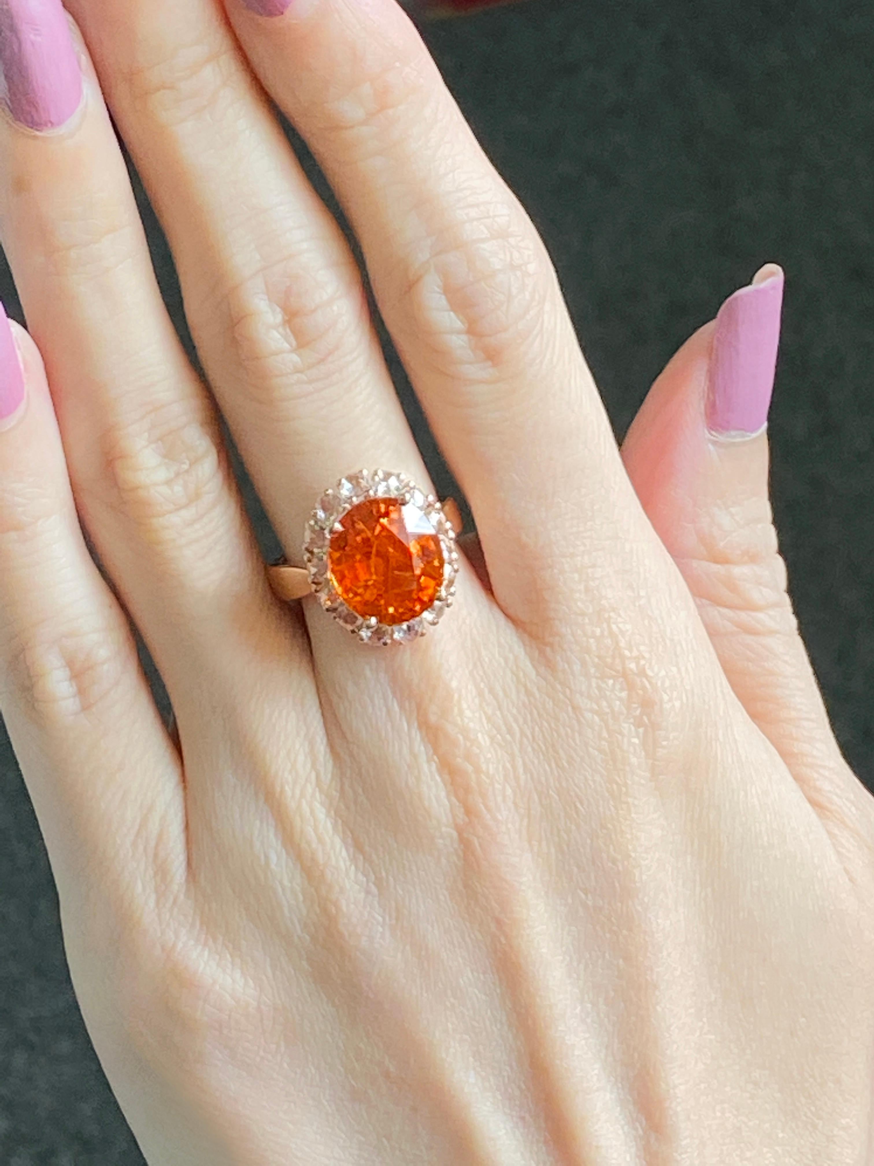 Bague en or rose avec grenat mandarin certifié de 10 carats et diamants taille rose en vente 2