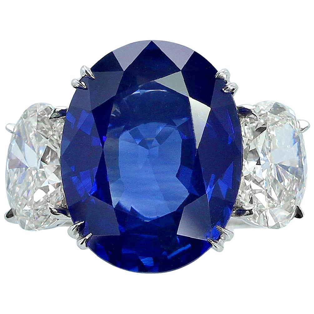 Certified 10 Carat Oval Sapphire and Diamond Three-Stone Platinum Ring